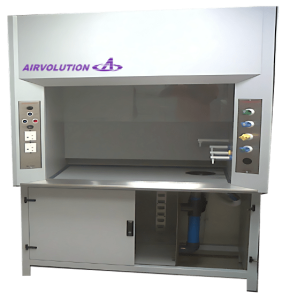 Airvolution ducted fume cupboard with front sash and integrated ventilation system for laboratory safety.